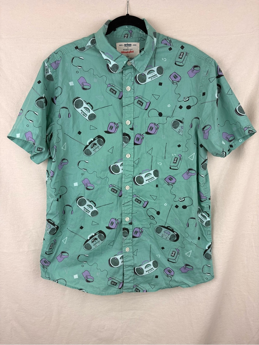 Urban Pipeline Men's Short-Sleeve Green Button-Up Shirt Boombox Retro Cotton